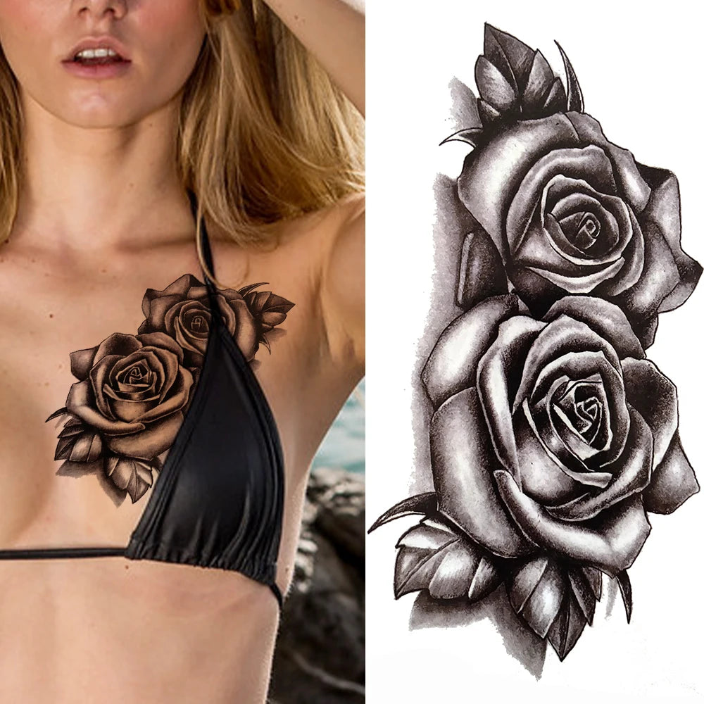 Peony & Dreamcatcher Tattoo Sticker – Realistic Compass, Lace, Lotus, Rose Design