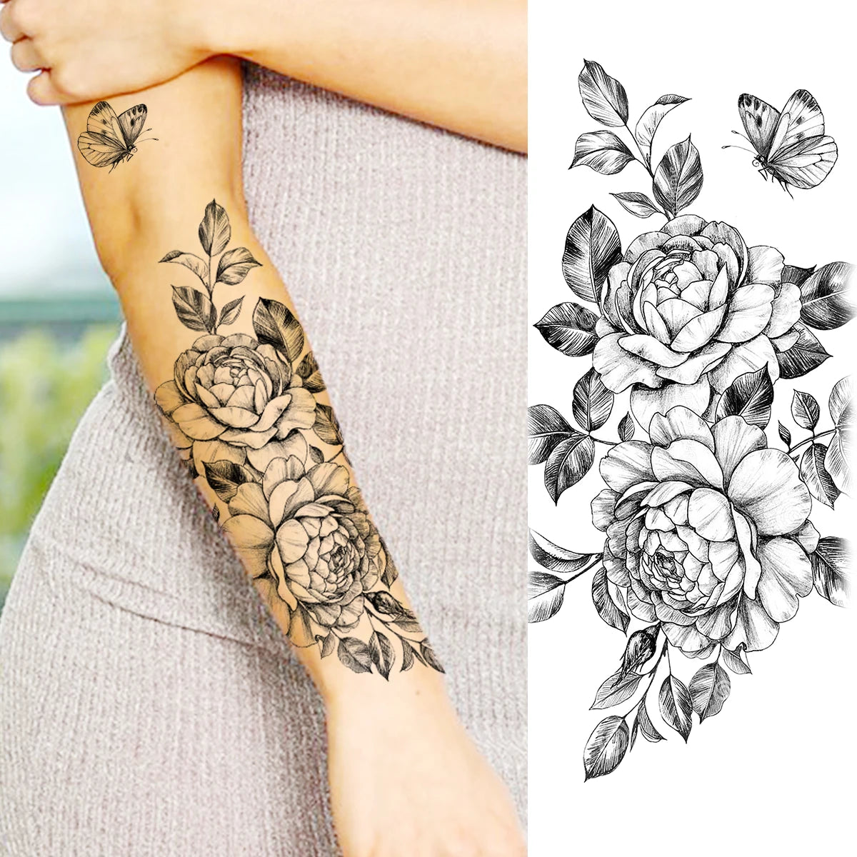 2pcs Watercolor Peony Rose Butterfly Temporary Tattoo Stickers