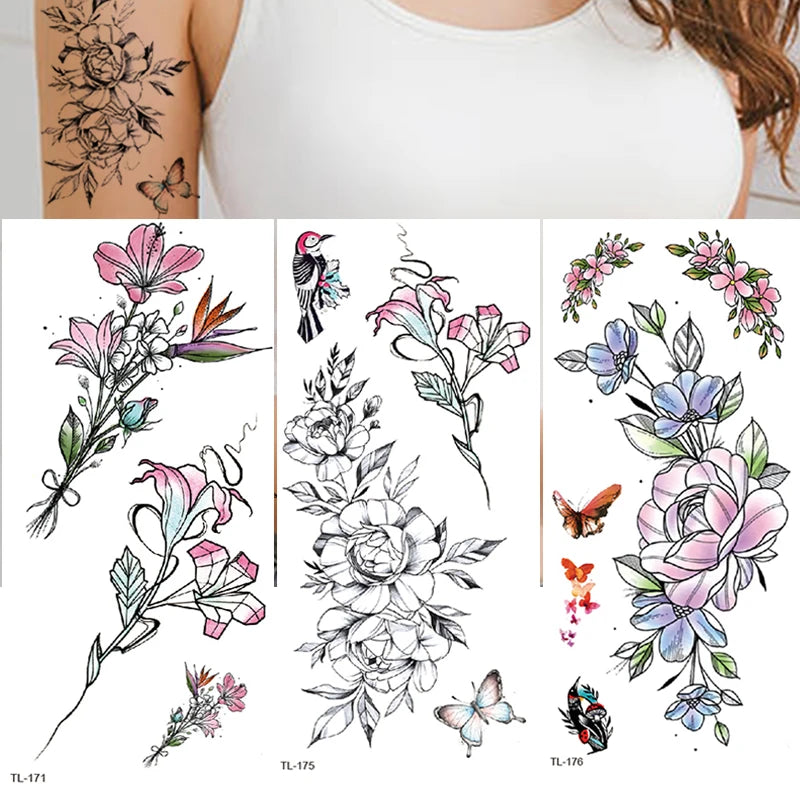 3Pcs Rose Flower Butterfly Temporary Tattoo Stickers – Waterproof Fake Lace Tattoo