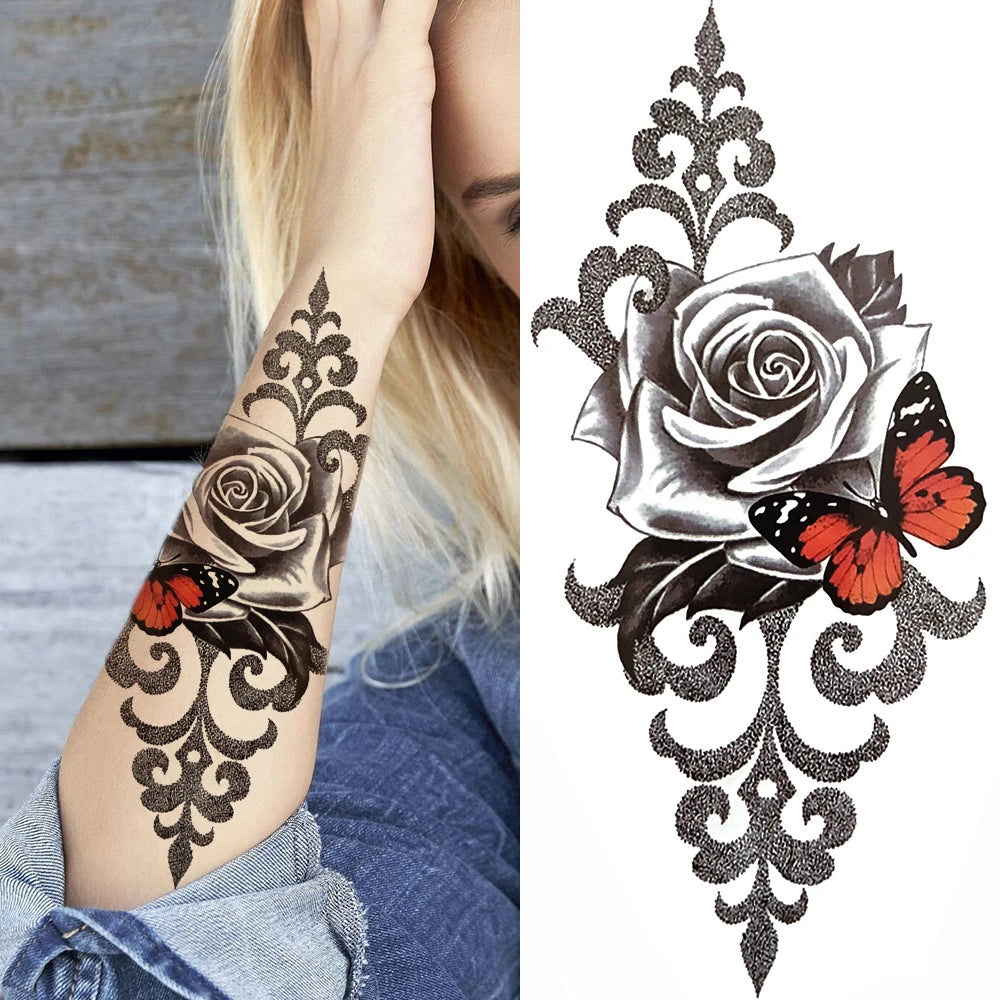 Peony & Dreamcatcher Tattoo Sticker – Realistic Compass, Lace, Lotus, Rose Design