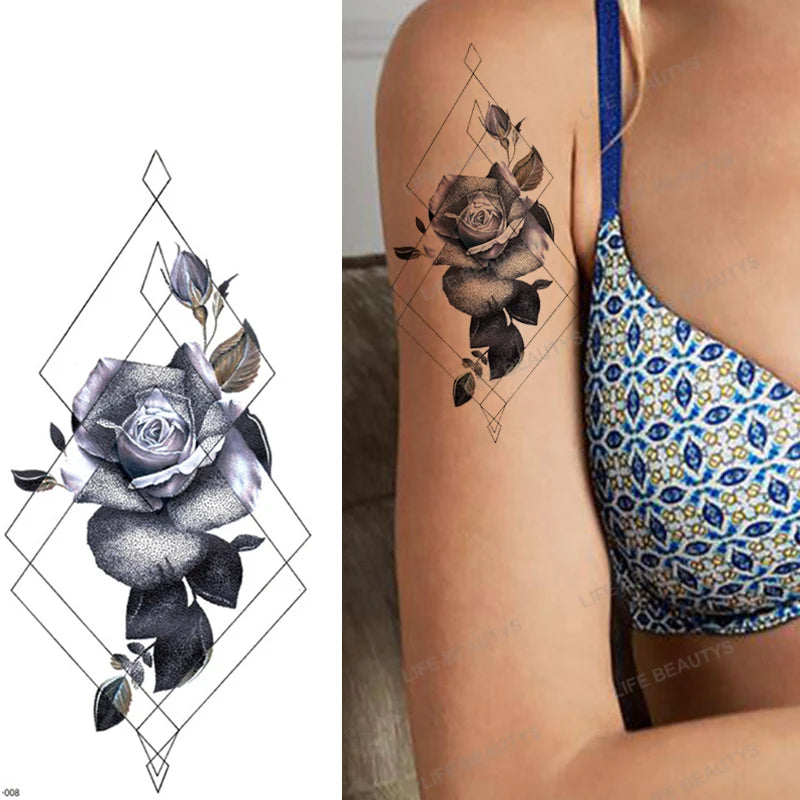 Snake Rose Wolf Temporary Tattoo – Waterproof Flower Fake Tattoo Sticker for Arm & Body Art