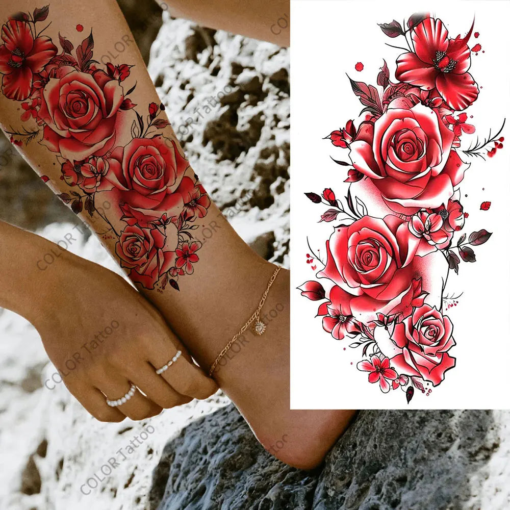Realistic Flower Tattoo Sticker – Rose & Butterfly Design (1pc)