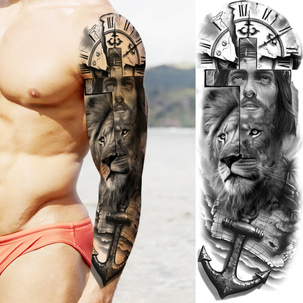 1 Sheet Zeus Jesus Skull Arm Temporary Tattoo Stickers – Waterproof Fake Sleeve Tattoo for Arm and Leg