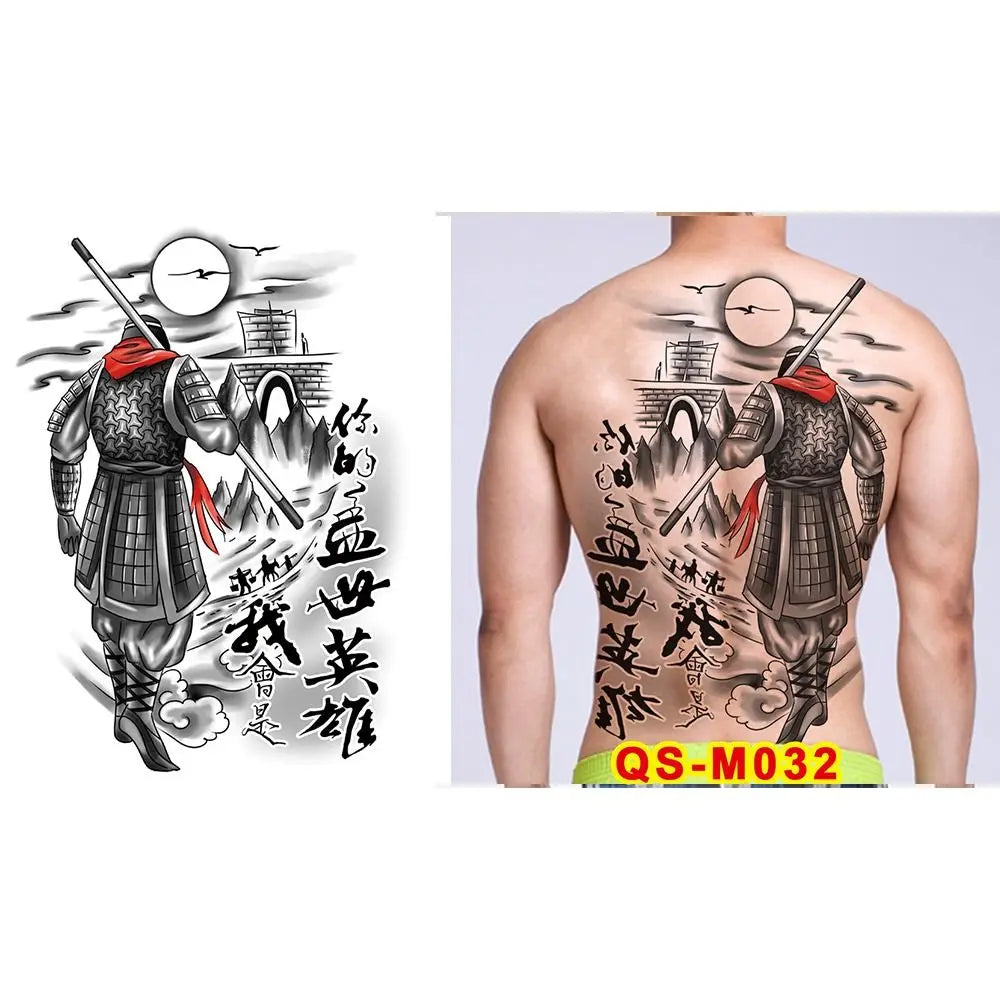 Full Back Water Transfer Tattoo Stickers – Angel Wings, Cross, Warrior Style Fake Tattoo for Men