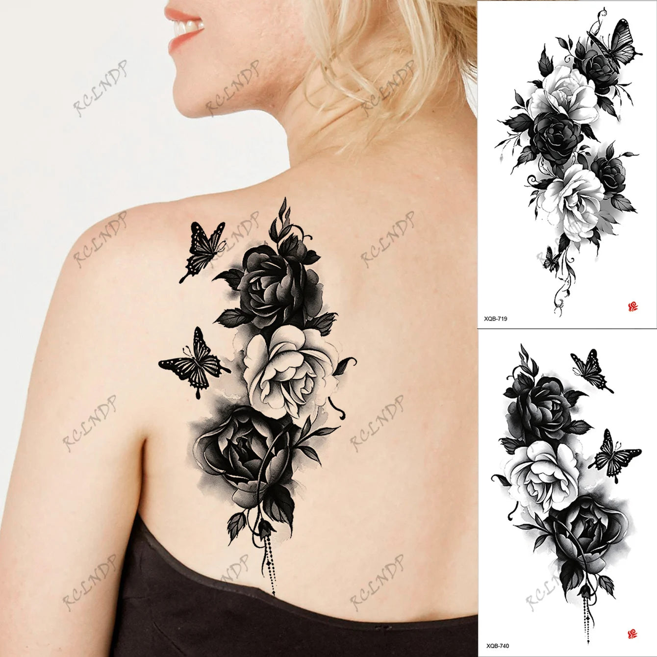 2pcs Black Flower Butterfly Temporary Tattoo Stickers