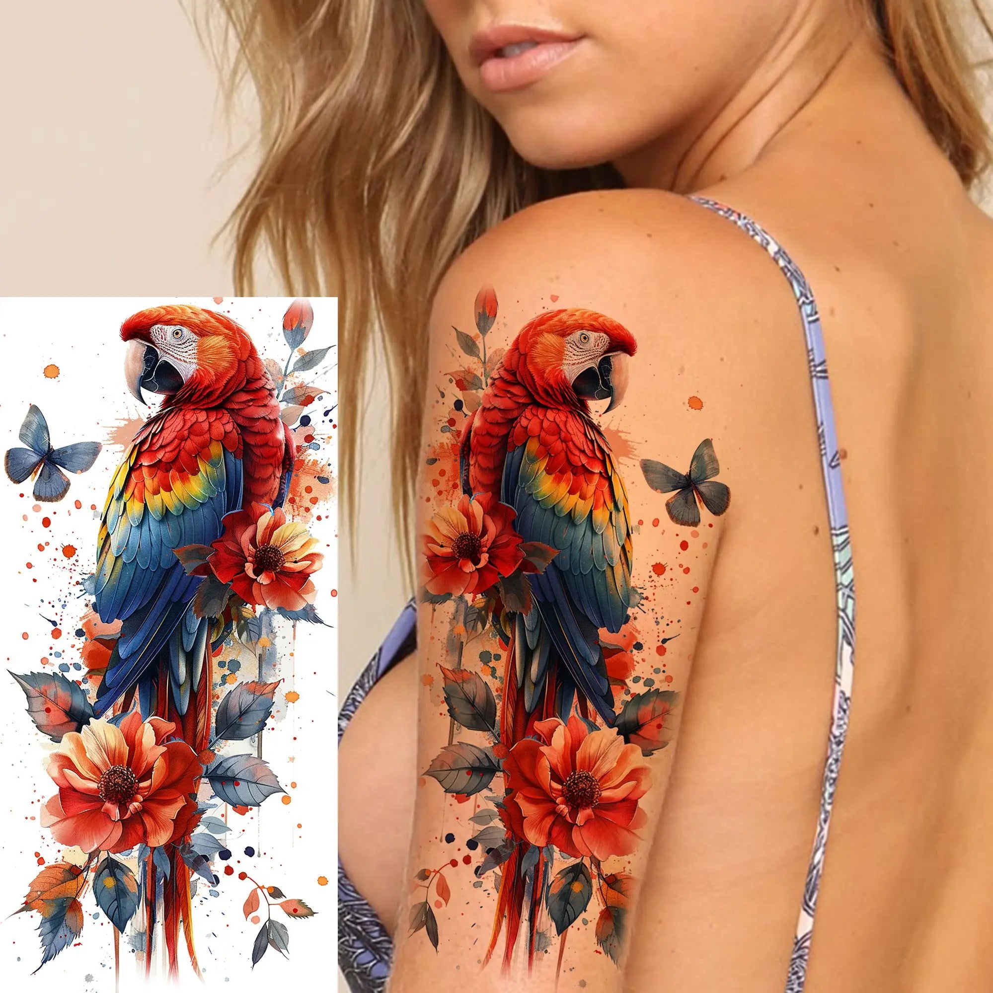 1 Sheet Watercolor Tiger Rose Temporary Tattoo Sticker – Waterproof Fake Tattoo with Floral & Bird Design