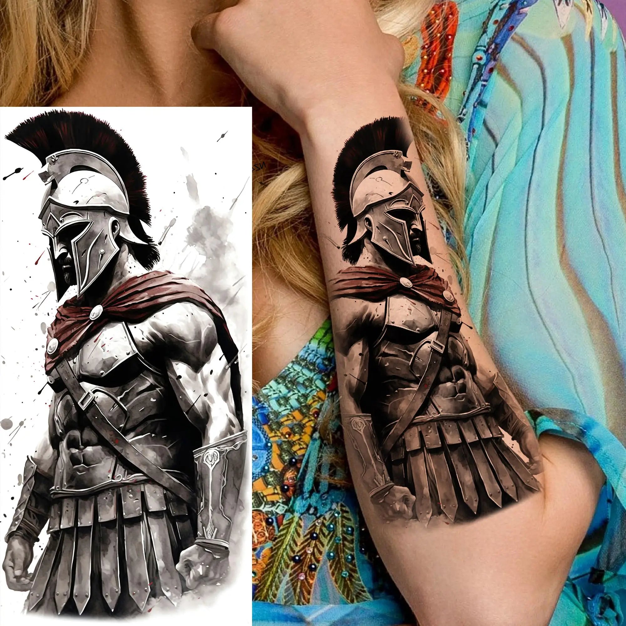 1pc Black Warrior Spartan Temporary Tattoo Stickers – Gladiator Helmet Lion Wolf Armor Design