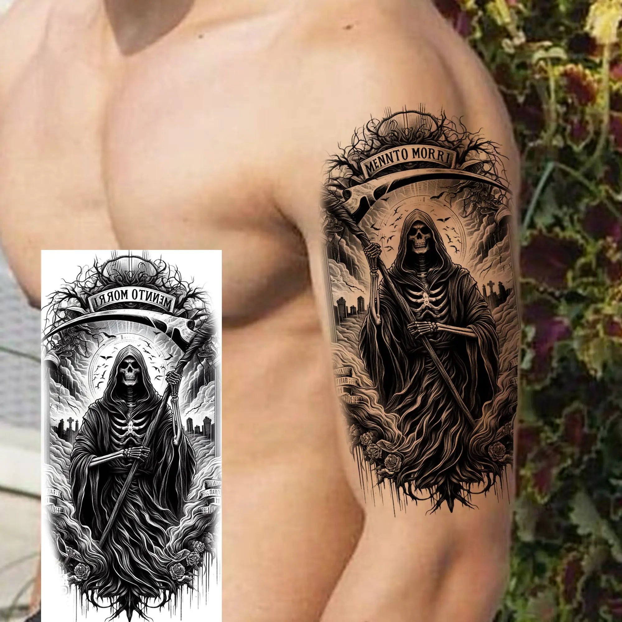 Grim Reaper Skull Pirate Temporary Tattoo – Halloween Fake Tattoo Sticker (1 Sheet)