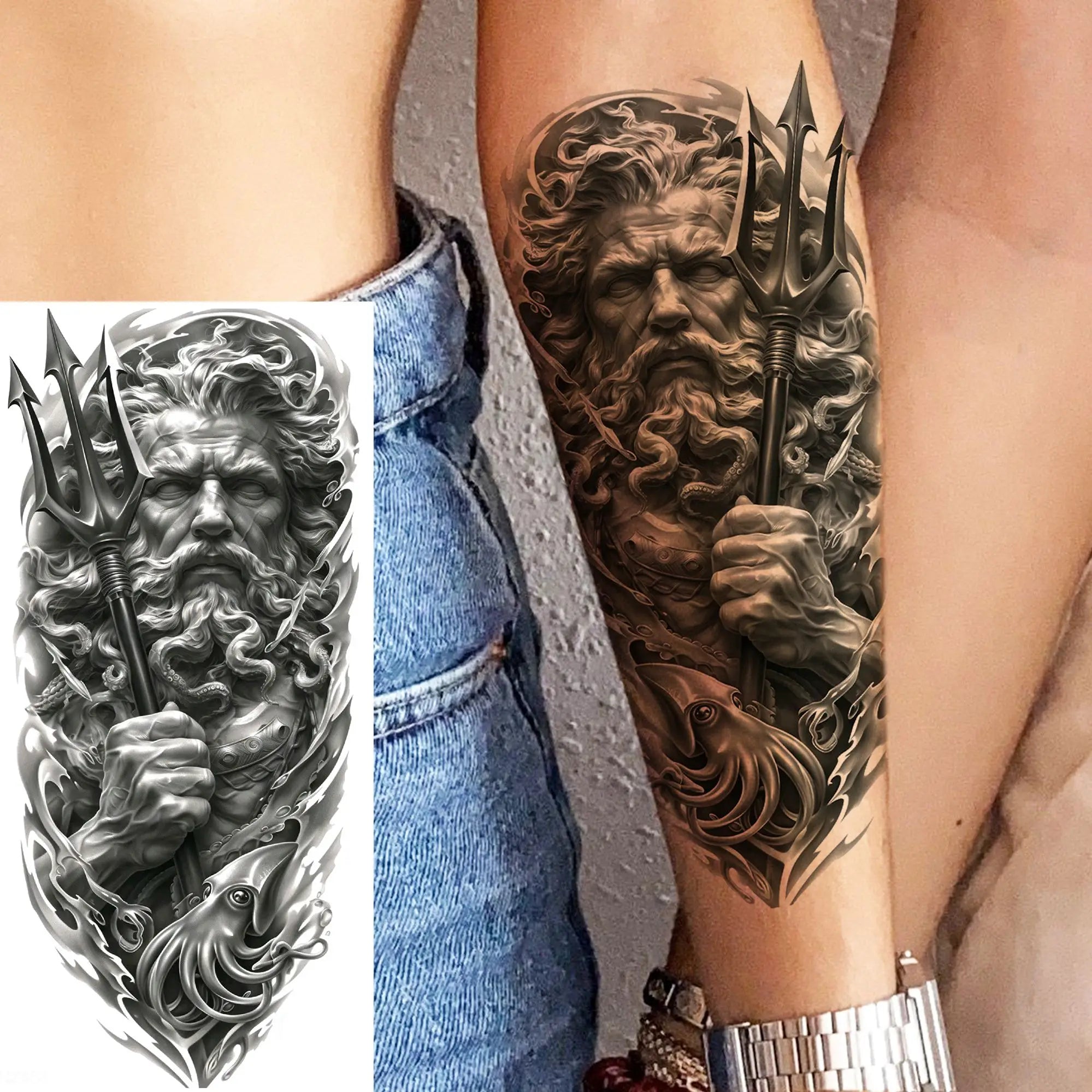 1 Sheet Zeus Jesus Skull Arm Temporary Tattoo Stickers – Waterproof Fake Sleeve Tattoo for Arm and Leg