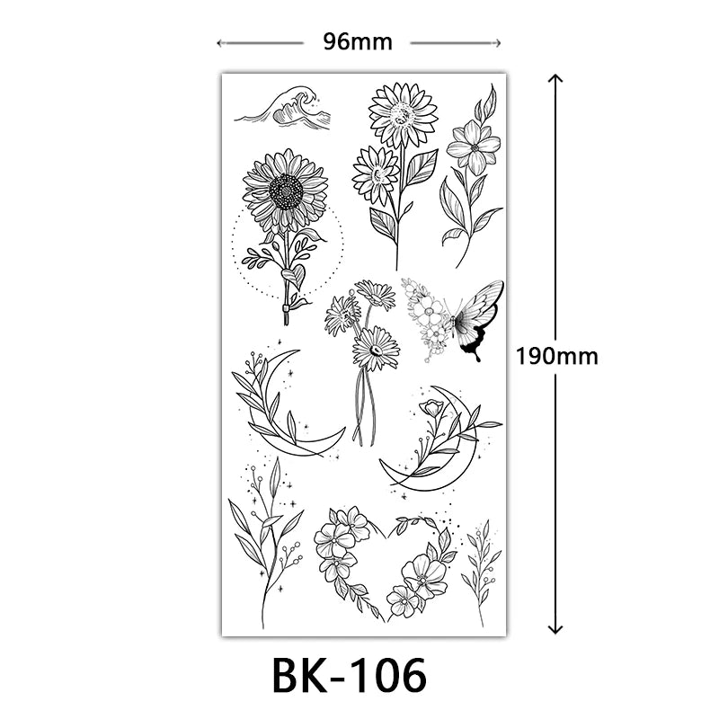 Black Floral Temporary Tattoo Stickers – Waterproof Fake Flower Tattoos for Hand, Arm, Body