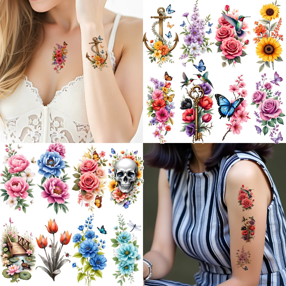 9pcs Colorful Flower Temporary Tattoo Stickers – Waterproof Floral Body Art for Neck, Back, Shoulder