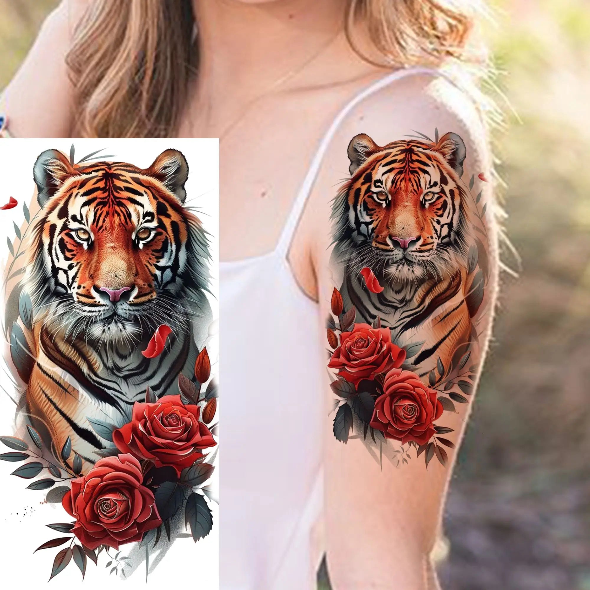 1 Sheet Watercolor Tiger Rose Temporary Tattoo Sticker – Waterproof Fake Tattoo with Floral & Bird Design