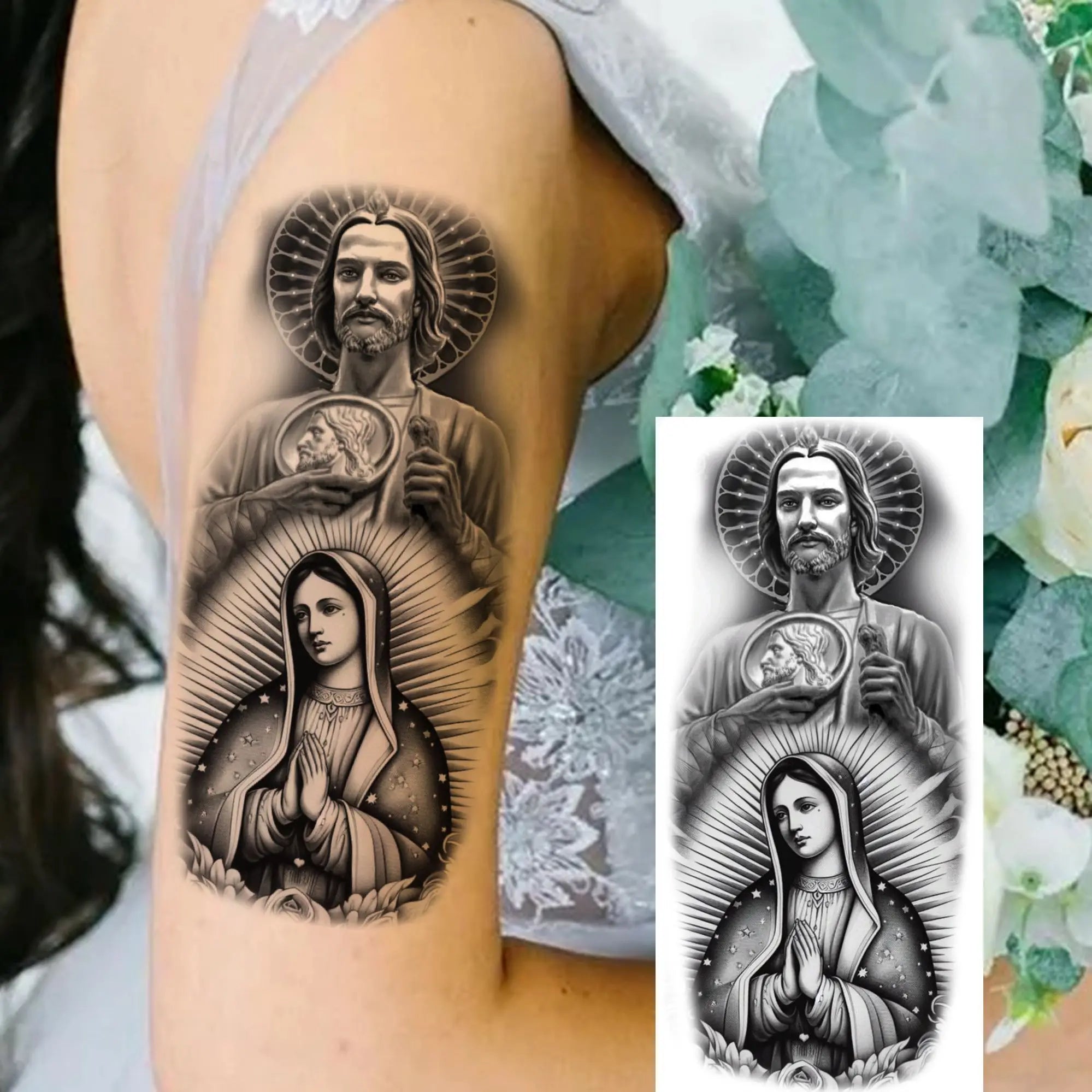 1pc Black Jesus Mary Cross Temporary Tattoo Stickers – Realistic Christian Prayer Tattoo Waterproof
