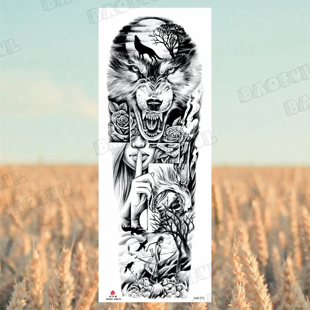 1 Sheet Wolf Lion Maori Flower Arm Sleeve Temporary Tattoo Sticker – Realistic Waterproof Fake Tattoos for Body