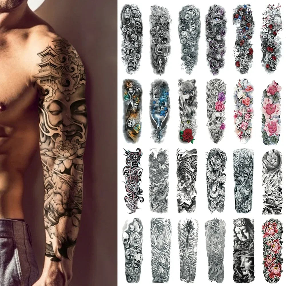 Full Arm Skull Tattoo Sticker – Waterproof 15-Day Semi-Permanent Tattoo for Men & Women