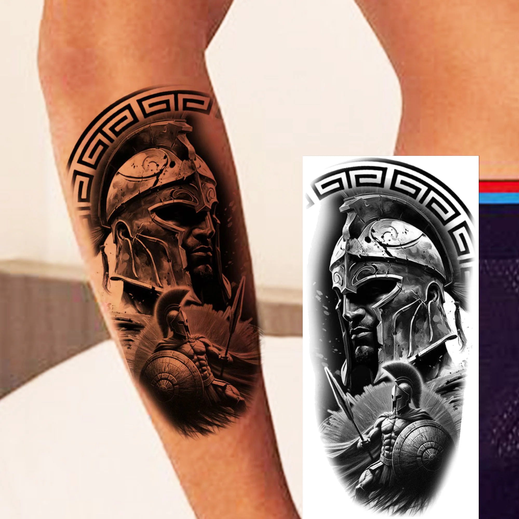 1pc Black Warrior Spartan Temporary Tattoo Stickers – Gladiator Helmet Lion Wolf Armor Design