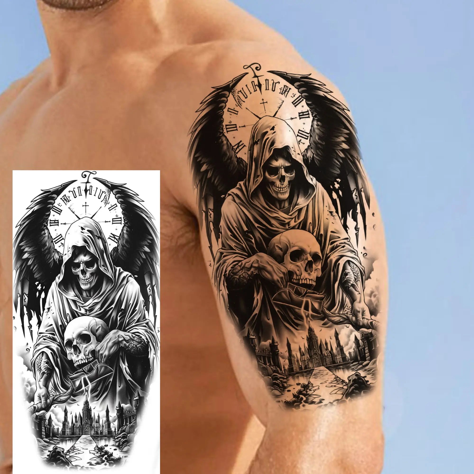 Grim Reaper Skull Pirate Temporary Tattoo – Halloween Fake Tattoo Sticker (1 Sheet)