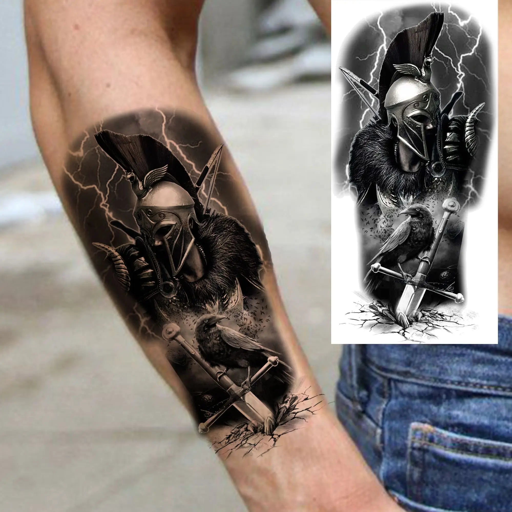 1pc Black Warrior Spartan Temporary Tattoo Stickers – Gladiator Helmet Lion Wolf Armor Design