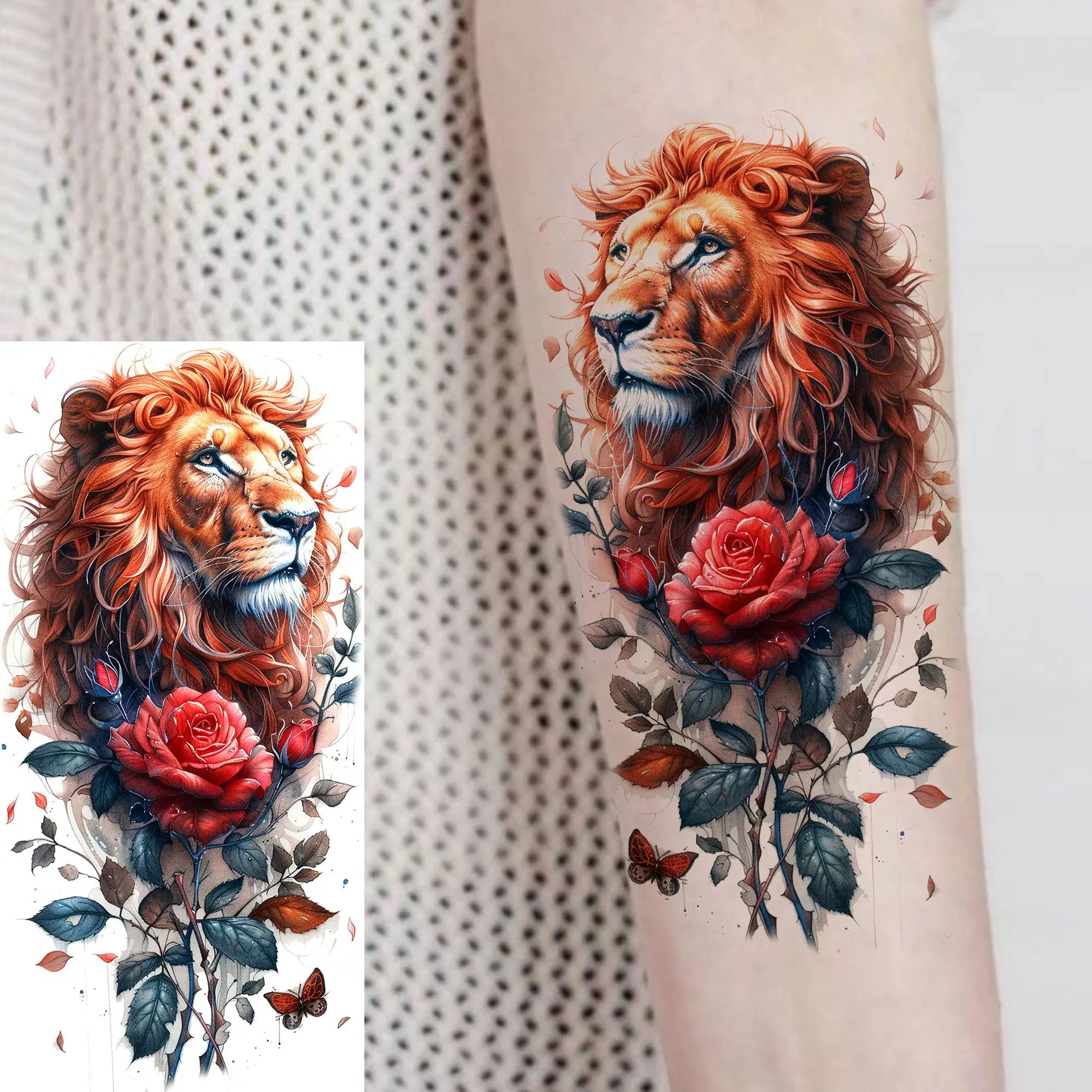 1 Sheet Watercolor Tiger Rose Temporary Tattoo Sticker – Waterproof Fake Tattoo with Floral & Bird Design