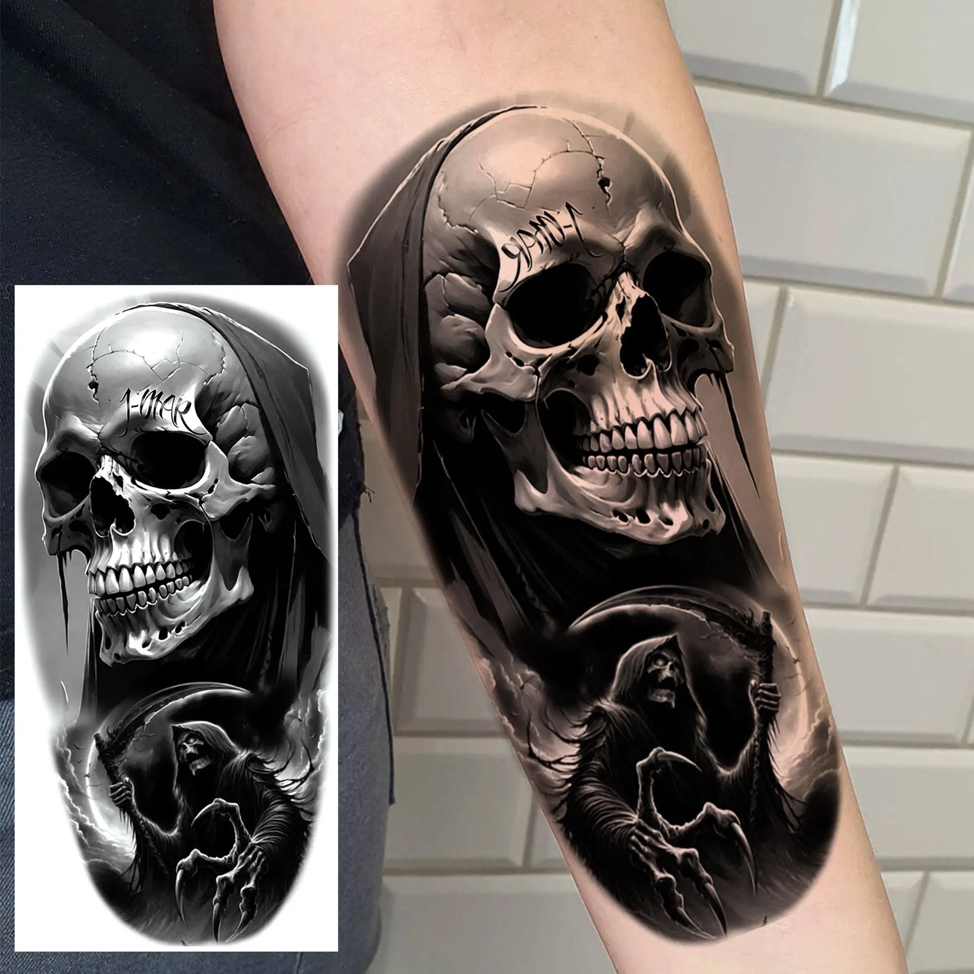Grim Reaper Skull Pirate Temporary Tattoo – Halloween Fake Tattoo Sticker (1 Sheet)