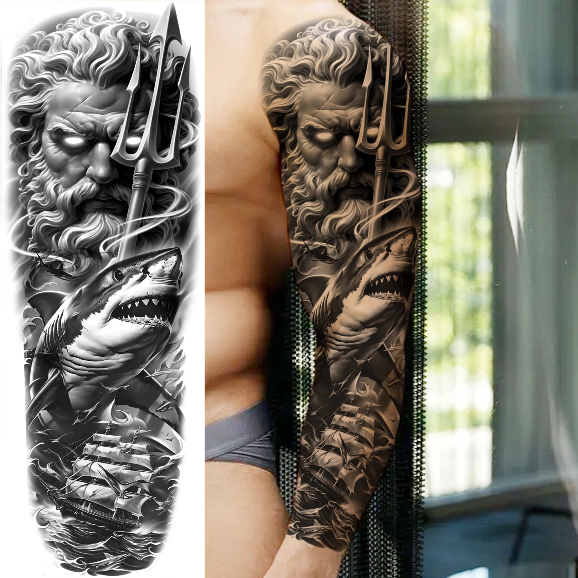1 Sheet Zeus Jesus Skull Arm Temporary Tattoo Stickers – Waterproof Fake Sleeve Tattoo for Arm and Leg