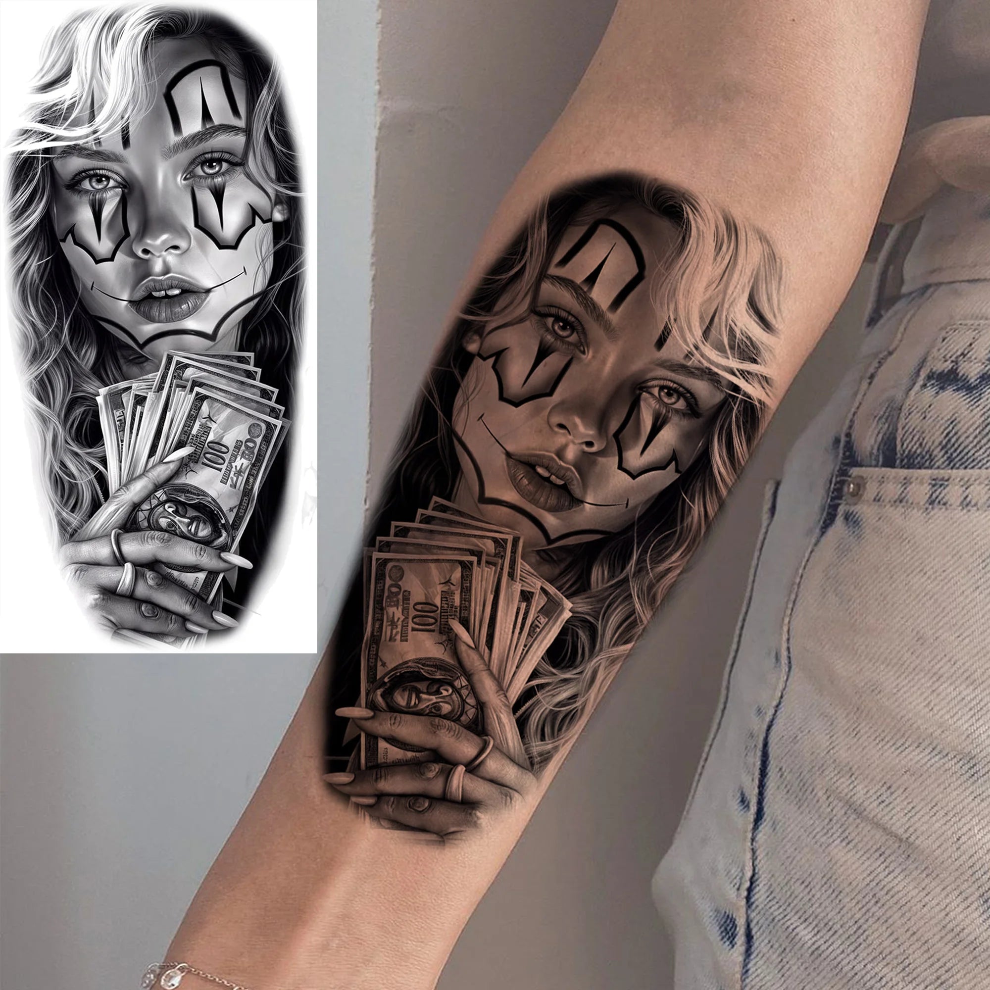 1 Sheet Gangster Joker Mask Poker Temporary Tattoo – Waterproof Fake Sleeve for Arm, Realistic Robber Rebel Design