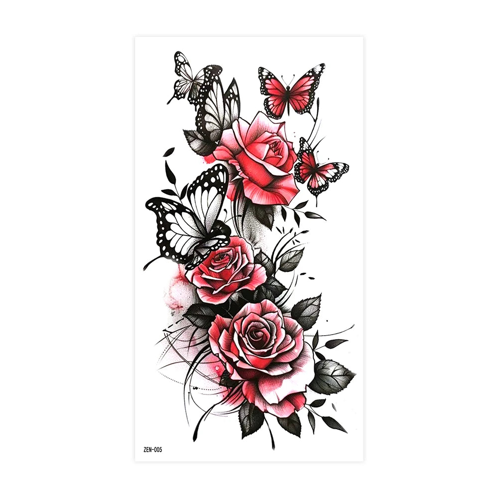 Realistic Flower Tattoo Sticker – Rose & Butterfly Design (1pc)