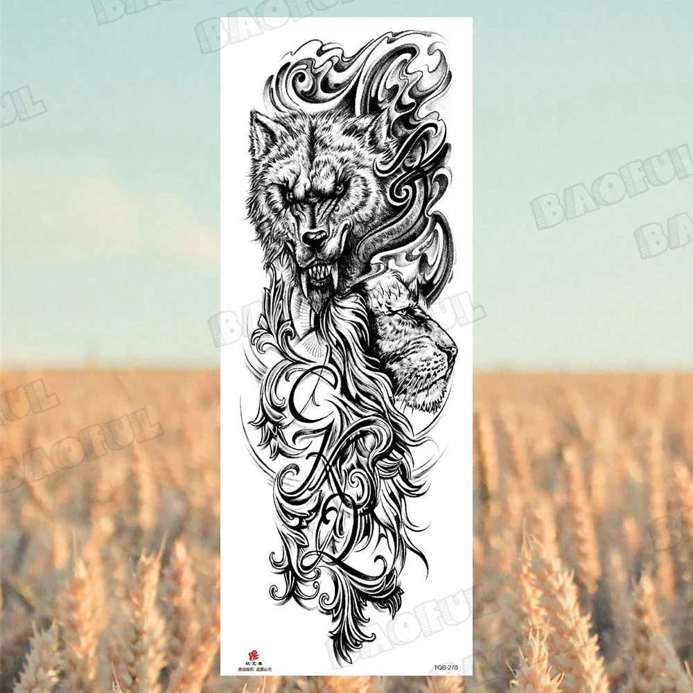 1 Sheet Wolf Lion Maori Flower Arm Sleeve Temporary Tattoo Sticker – Realistic Waterproof Fake Tattoos for Body