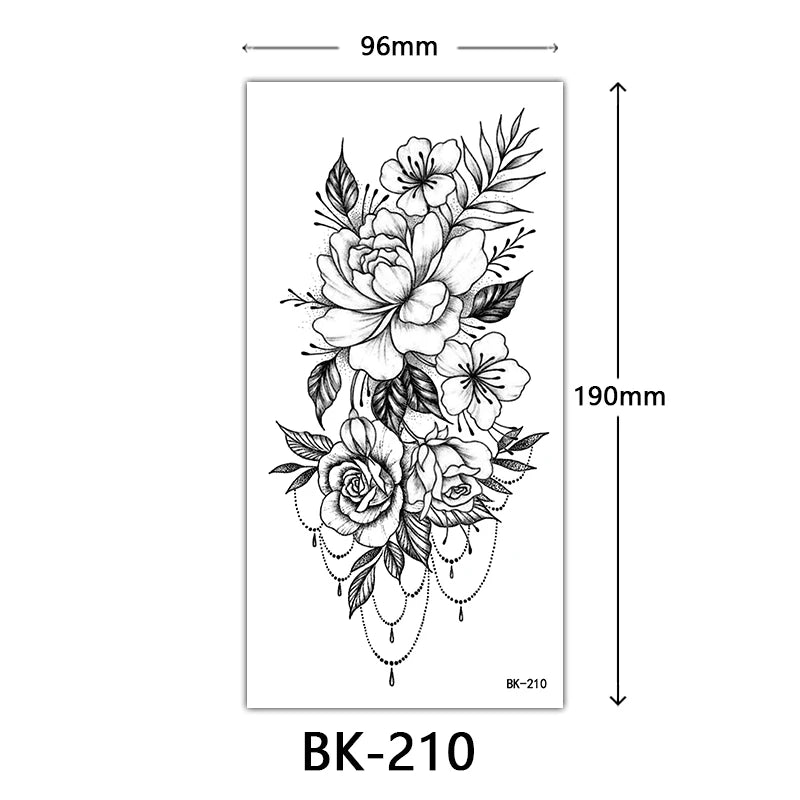Black Floral Temporary Tattoo Stickers – Waterproof Fake Flower Tattoos for Hand, Arm, Body