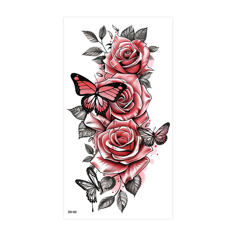 Realistic Flower Tattoo Sticker – Rose & Butterfly Design (1pc)