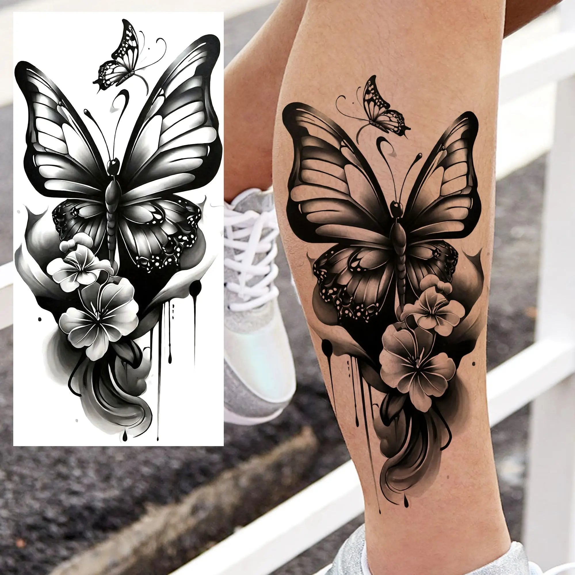 Watercolor Flower & Butterfly Tattoo – Realistic Waterproof Temporary Sticker (1 Sheet)