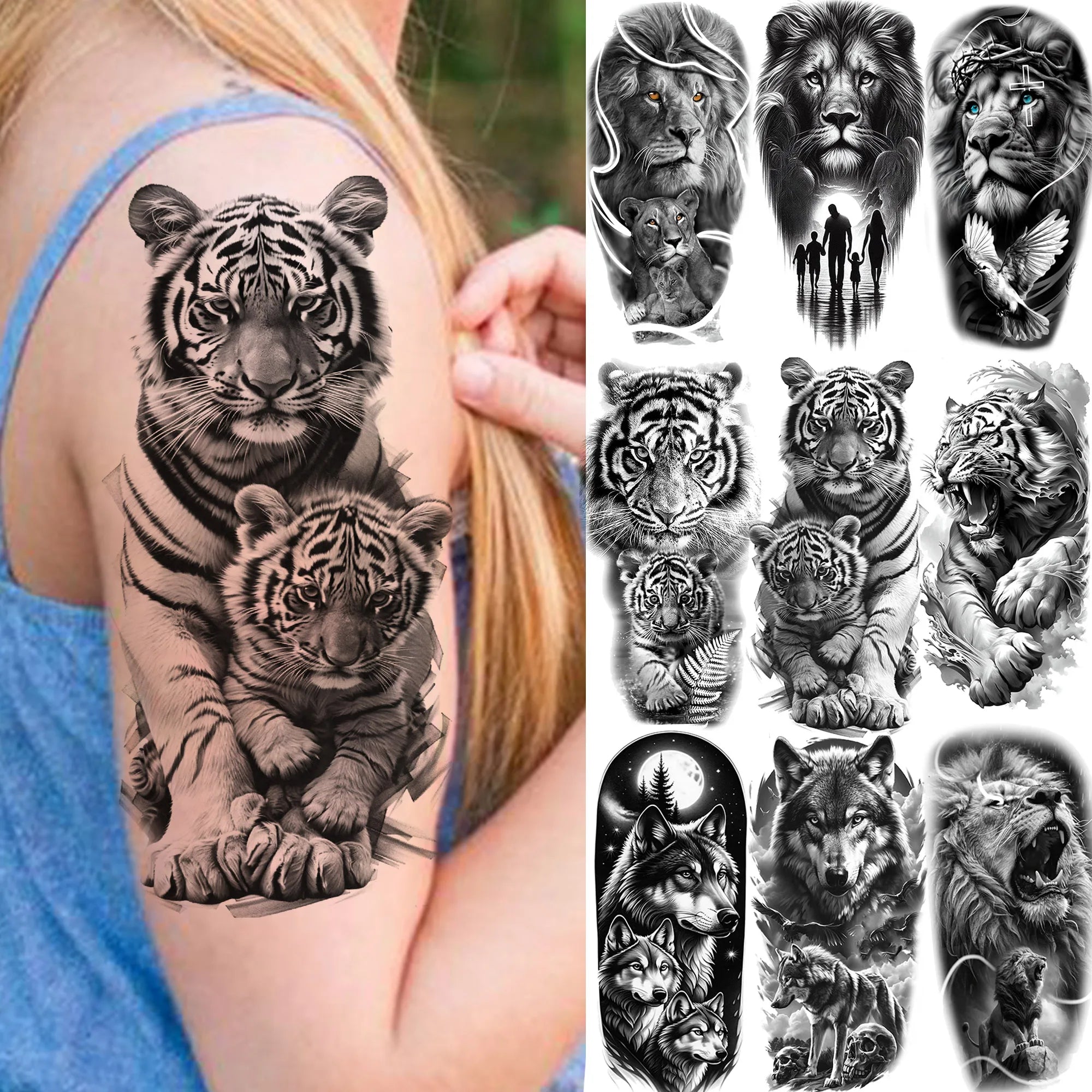 1pc Black Animal Realism Temporary Tattoo Stickers - Tiger Lion Wolf Clock Skull Eye