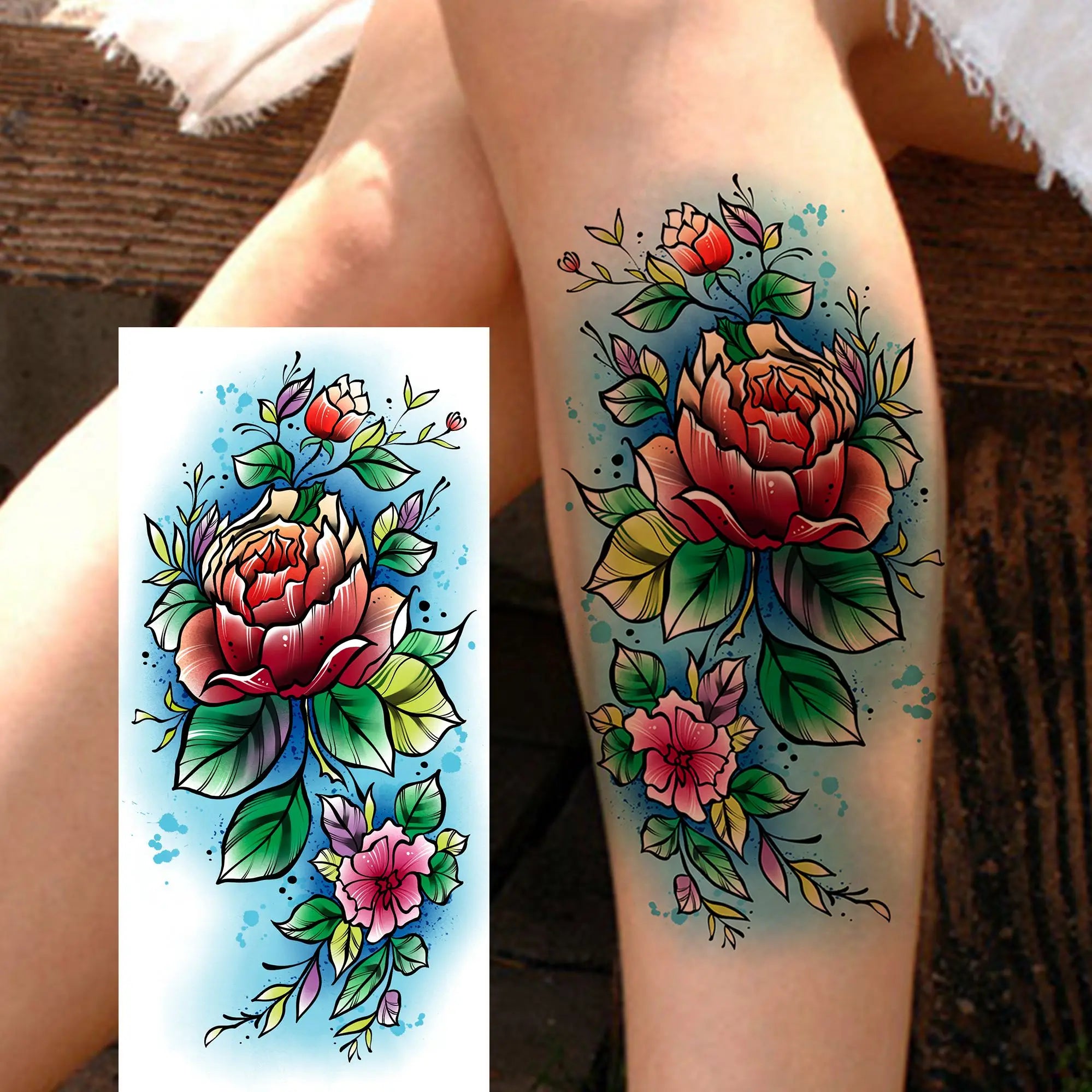Watercolor Flower & Butterfly Tattoo – Realistic Waterproof Temporary Sticker (1 Sheet)