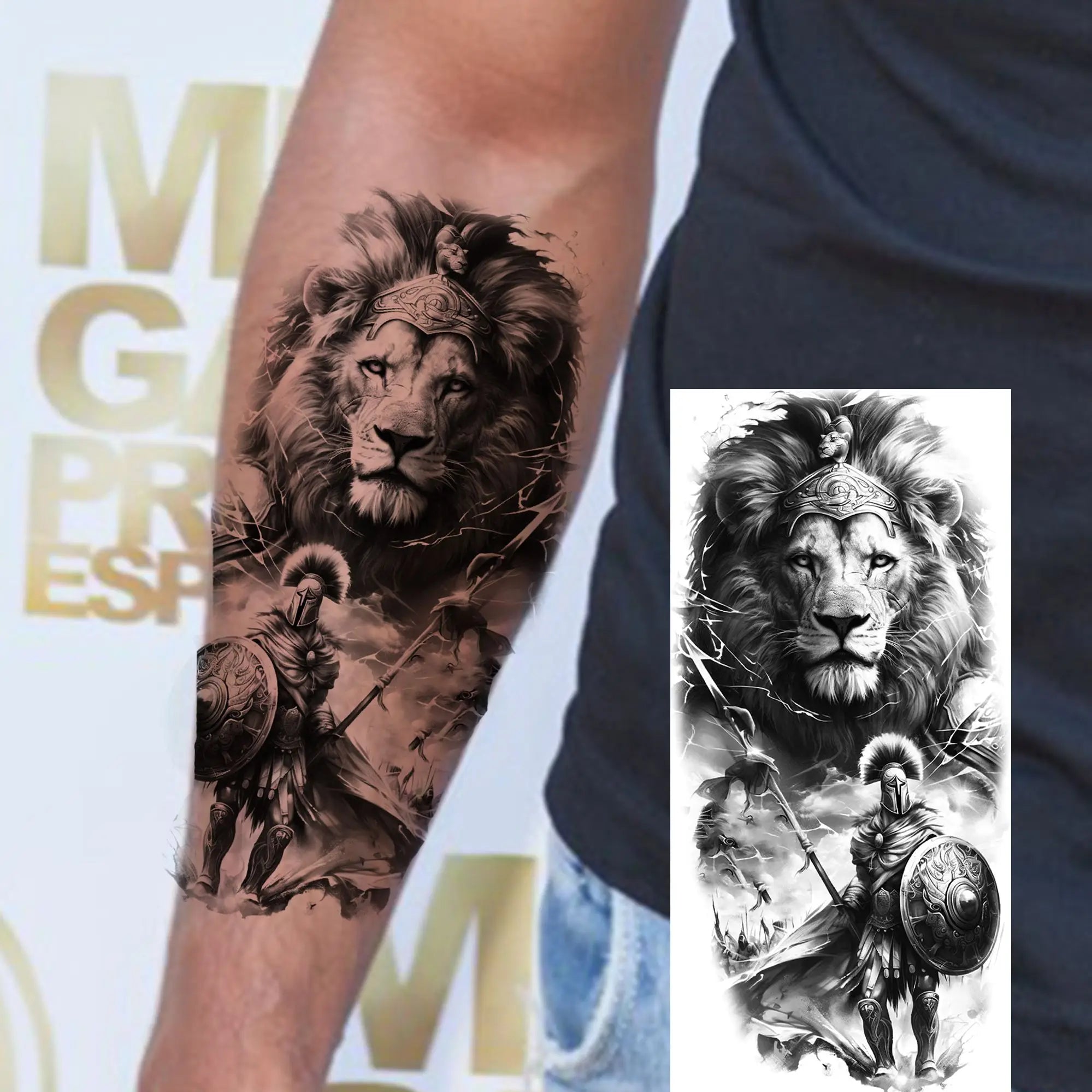 1pc Black Warrior Spartan Temporary Tattoo Stickers – Gladiator Helmet Lion Wolf Armor Design