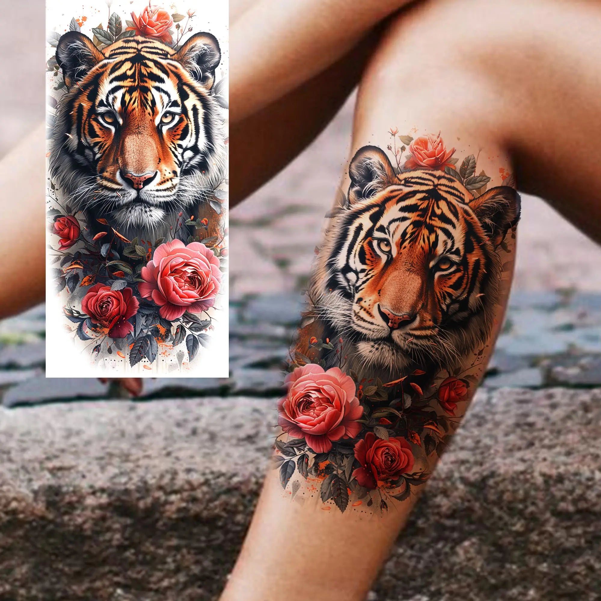 1 Sheet Watercolor Tiger Rose Temporary Tattoo Sticker – Waterproof Fake Tattoo with Floral & Bird Design
