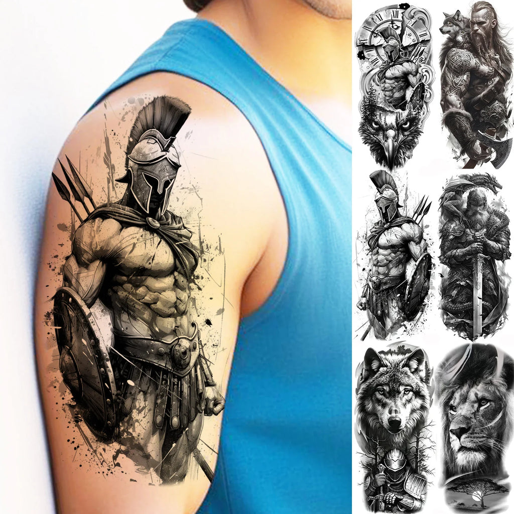1pc Black Warrior Spartan Temporary Tattoo Stickers – Gladiator Helmet Lion Wolf Armor Design