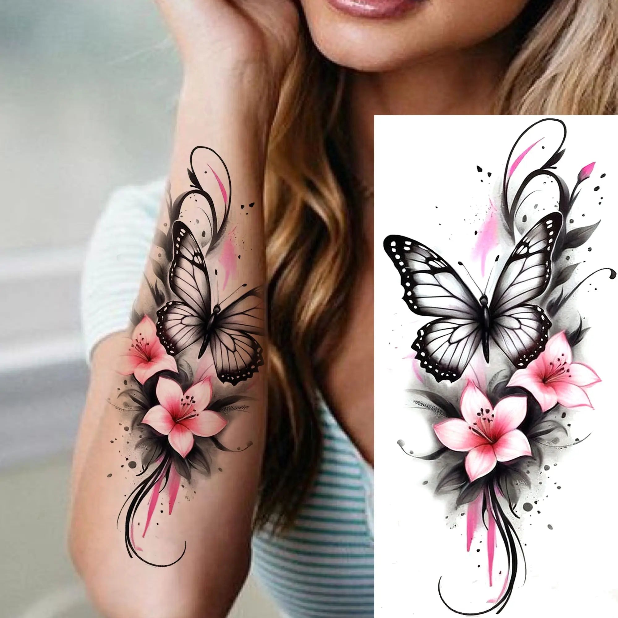 3D Rose Butterfly Temporary Tattoo – Waterproof Phoenix Flower Fake Tattoo Sticker