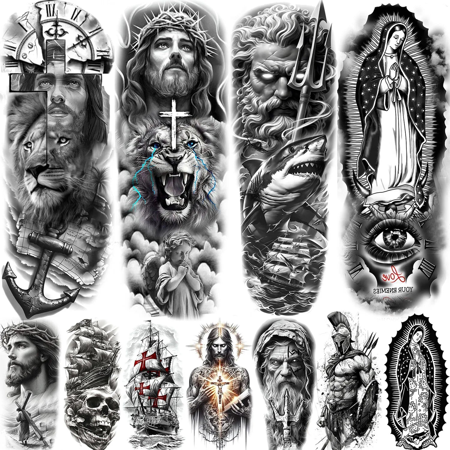 1 Sheet Zeus Jesus Skull Arm Temporary Tattoo Stickers – Waterproof Fake Sleeve Tattoo for Arm and Leg
