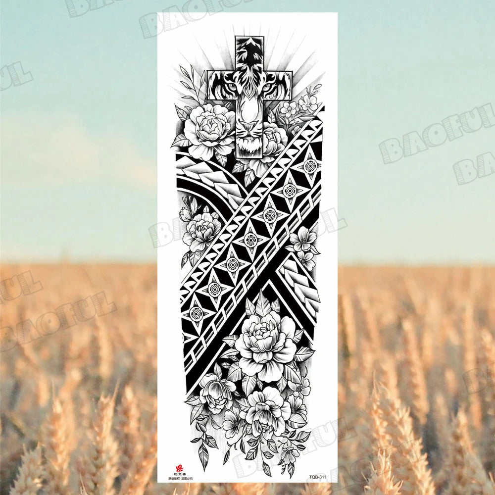 1 Sheet Wolf Lion Maori Flower Arm Sleeve Temporary Tattoo Sticker – Realistic Waterproof Fake Tattoos for Body