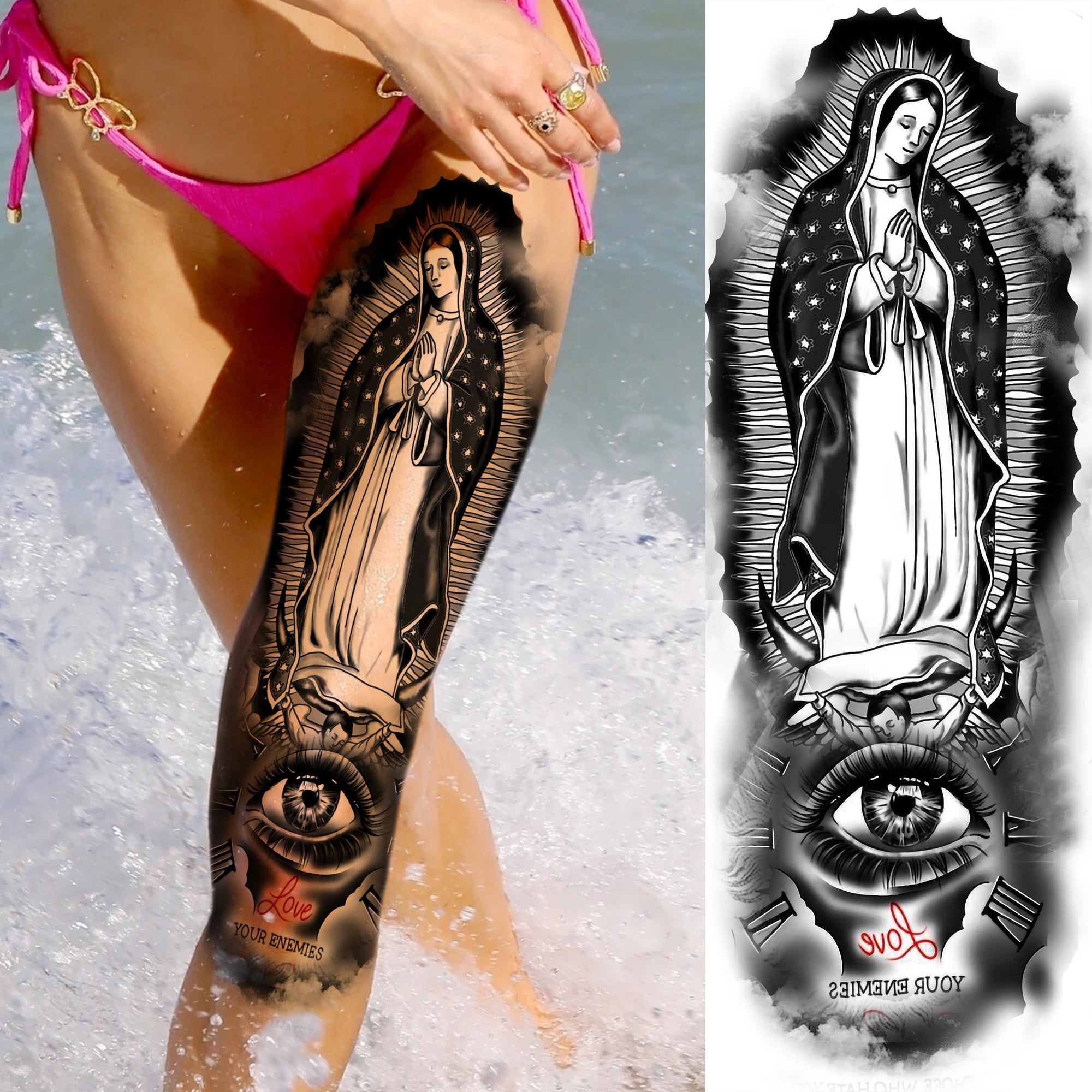 1 Sheet Zeus Jesus Skull Arm Temporary Tattoo Stickers – Waterproof Fake Sleeve Tattoo for Arm and Leg