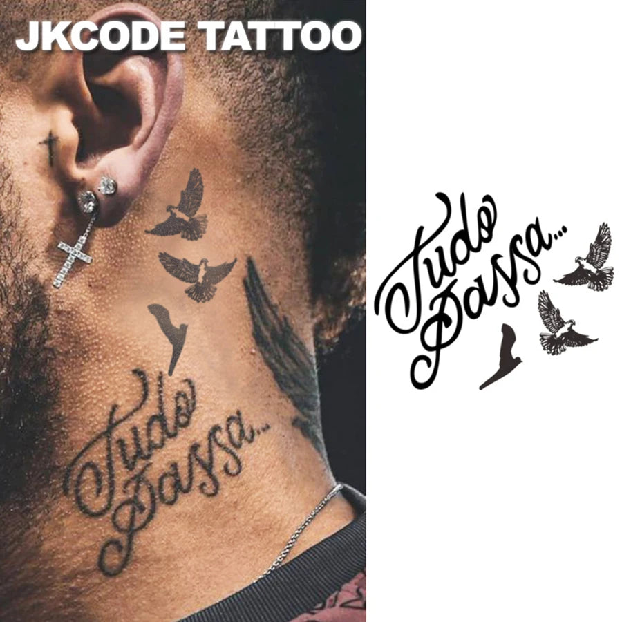 2 Sheets Herbal Wing & Letter Temporary Tattoo Stickers – Waterproof Graffiti Style Neck & Hand Fake Tattoos