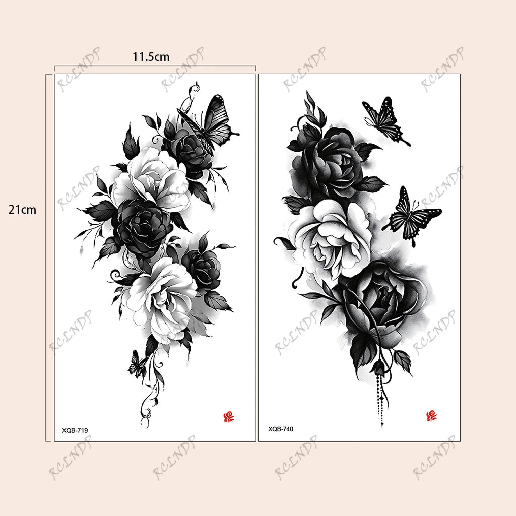 2pcs Black Flower Butterfly Temporary Tattoo Stickers