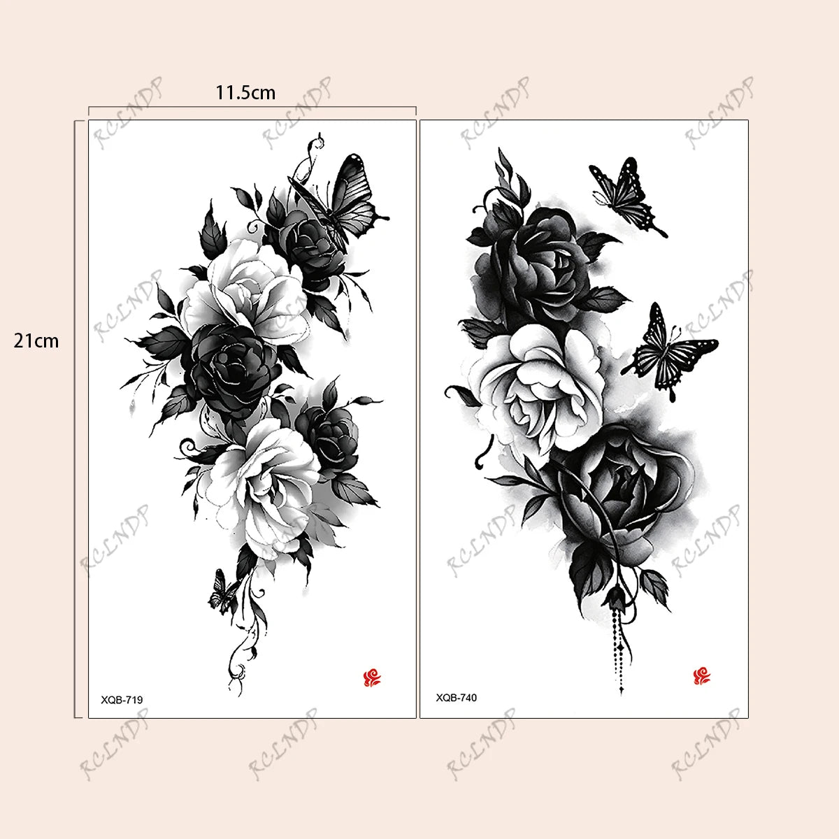 2pcs Black Flower Butterfly Temporary Tattoo Stickers