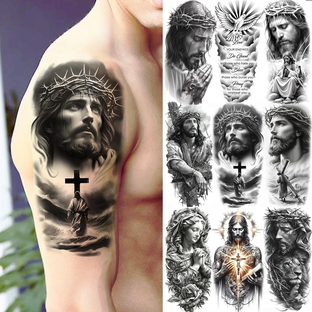 1pc Black Jesus Mary Cross Temporary Tattoo Stickers – Realistic Christian Prayer Tattoo Waterproof