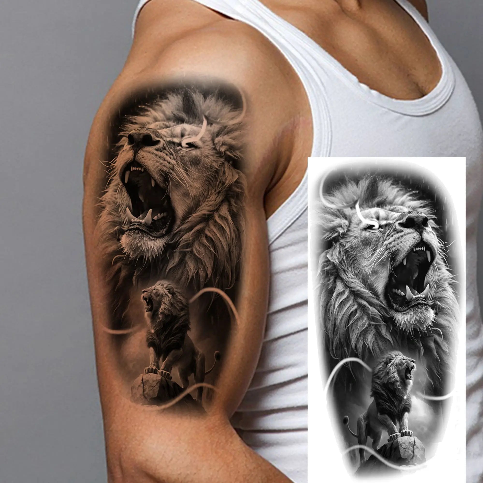 1pc Black Animal Realism Temporary Tattoo Stickers - Tiger Lion Wolf Clock Skull Eye