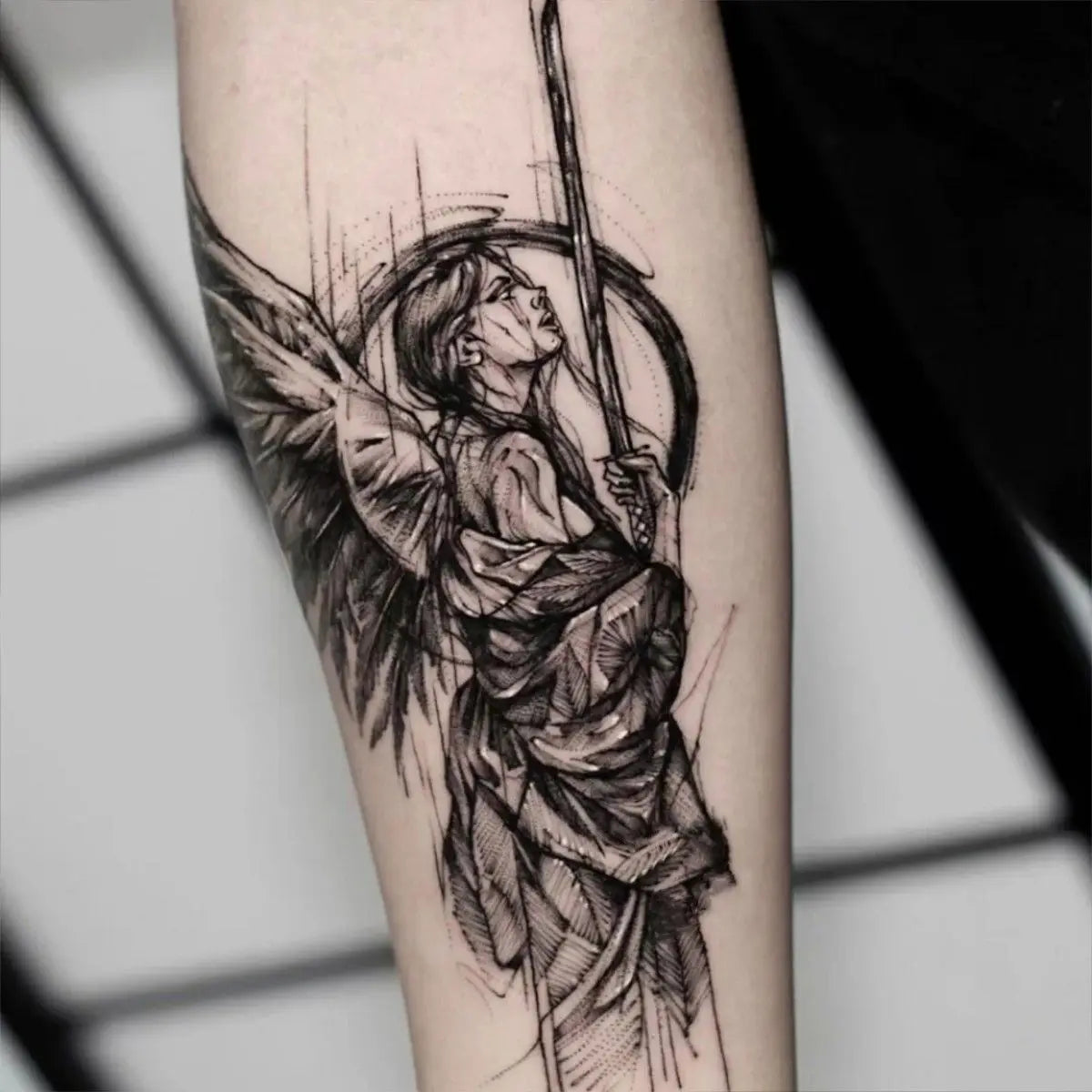 Angel Line Art Temporary Tattoo – Herbal Ink Waterproof Fake Tattoo Sticker