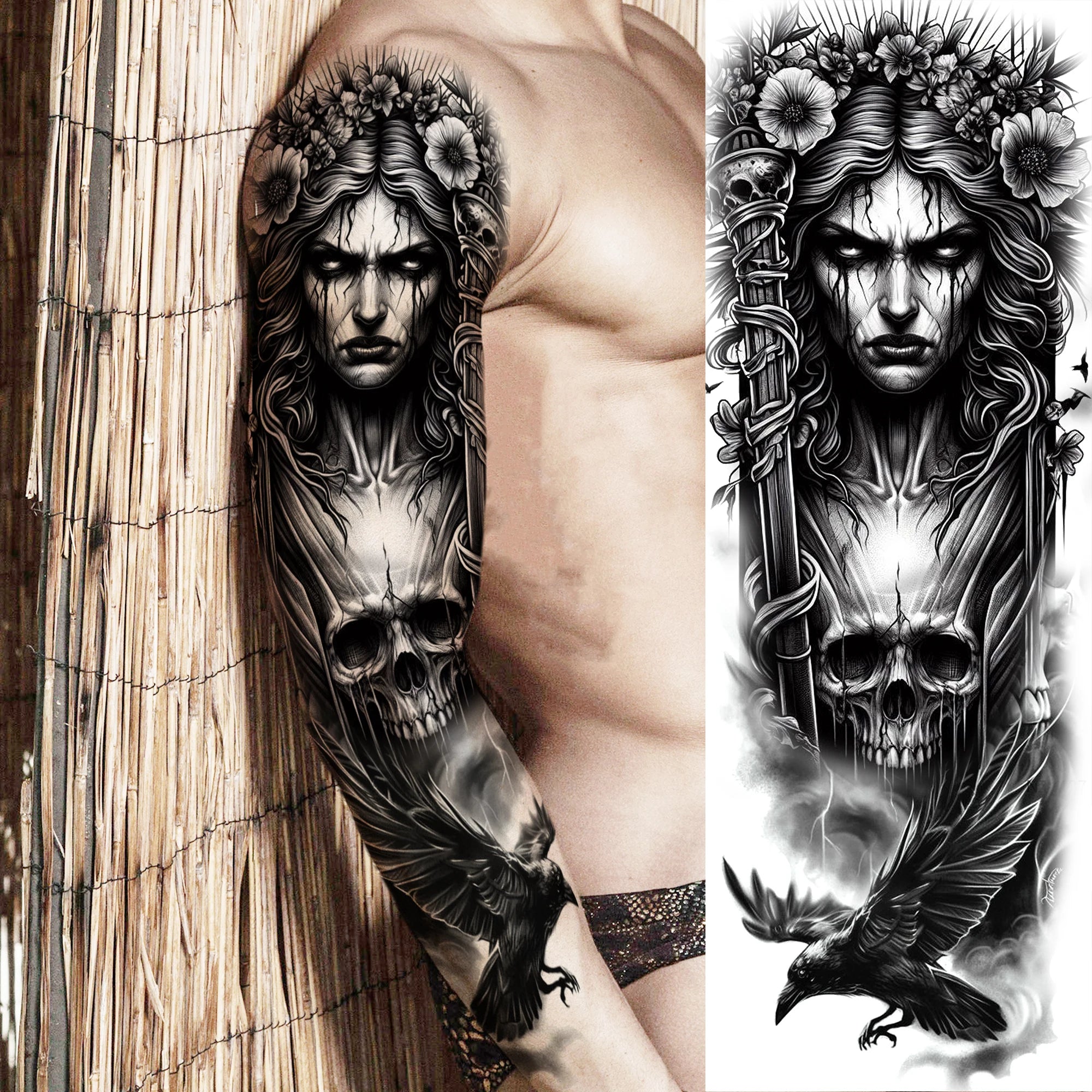 1 Sheet Zeus Jesus Skull Arm Temporary Tattoo Stickers – Waterproof Fake Sleeve Tattoo for Arm and Leg