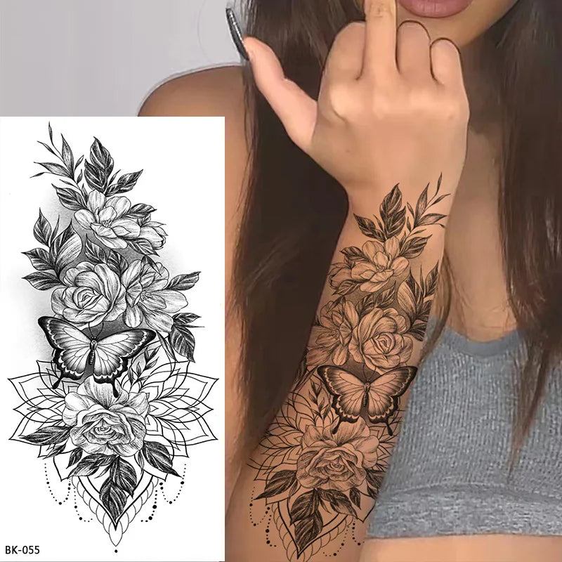 Black Floral Temporary Tattoo Stickers – Waterproof Fake Flower Tattoos for Hand, Arm, Body