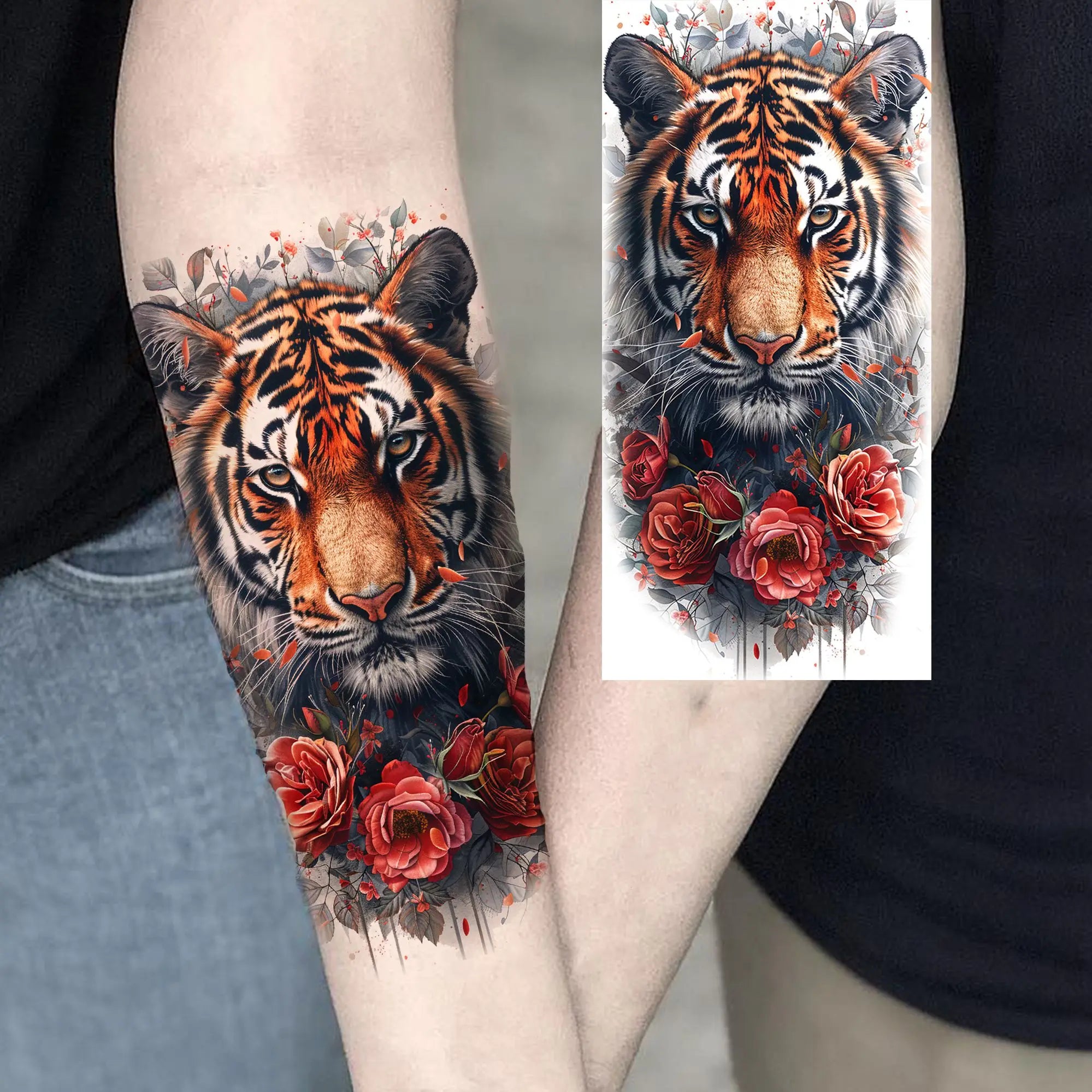 1 Sheet Watercolor Tiger Rose Temporary Tattoo Sticker – Waterproof Fake Tattoo with Floral & Bird Design