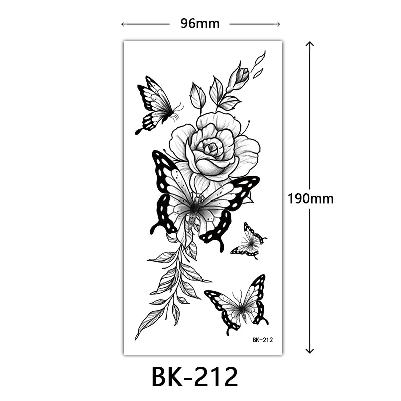 Black Floral Temporary Tattoo Stickers – Waterproof Fake Flower Tattoos for Hand, Arm, Body